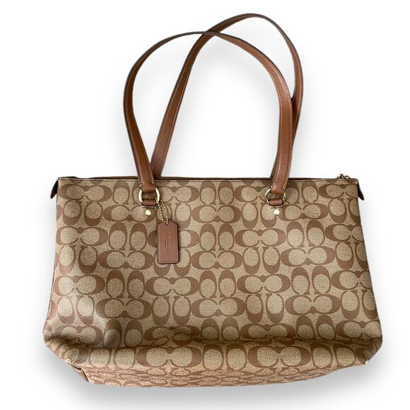 COACH Gallery Tote In Signature Canvas Top Zip Khaki Saddle - Picture 2 of 12